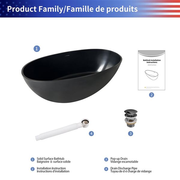 Rainlex 55x30x22-in Freestanding Solid Surface Oval Soaking Bathtub w/ Chrome Pop-Up Drain - Black