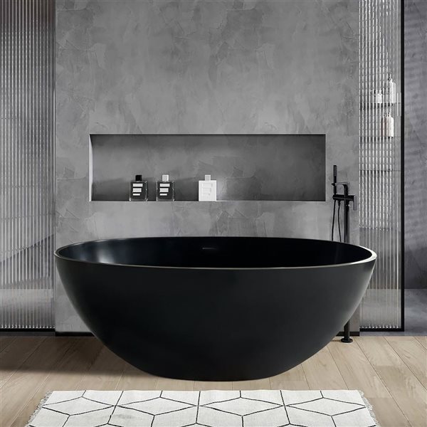 Rainlex 55x30x22-in Freestanding Solid Surface Oval Soaking Bathtub w/ Chrome Pop-Up Drain - Black