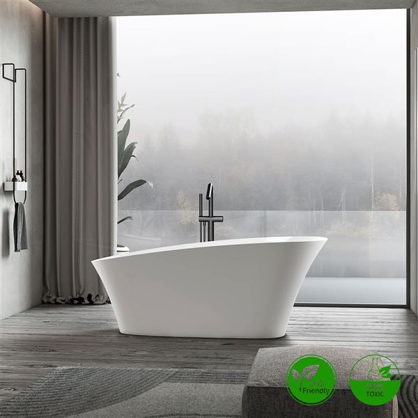 Rainlex 63x32x28-in Freestanding Solid Surface Oval Soaking Bathtub w/ Matte White Pop-Up Drain - White