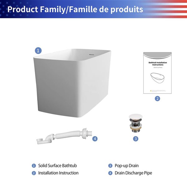 Rainlex 47x28x26-in Freestanding Solid Surface Rectangular Soaking Bathtub w/ Matte White Pop-Up Drain - White
