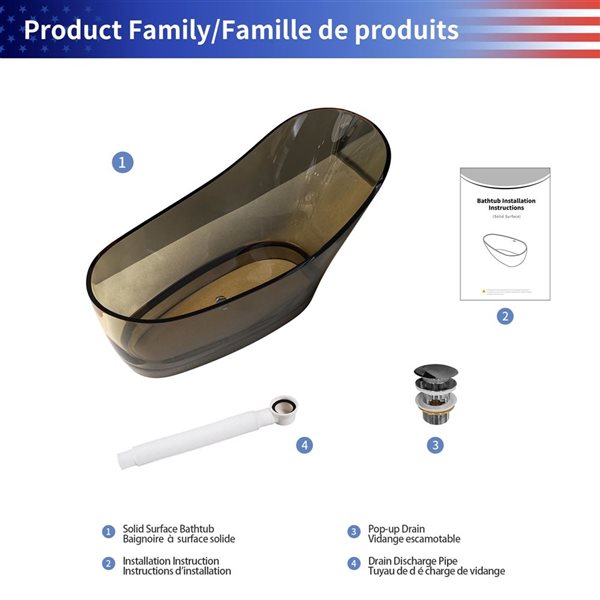 Rainlex 67x30x35-in Freestanding Solid Surface Oval Soaking Bathtub w/ Chrome Pop Up Drain - Transparent Yellow