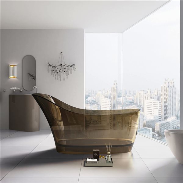 Rainlex 67x30x35-in Freestanding Solid Surface Oval Soaking Bathtub w/ Chrome Pop Up Drain - Transparent Yellow