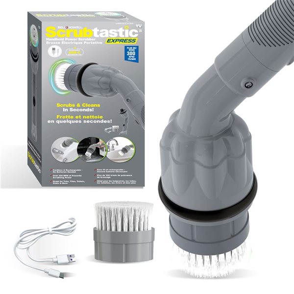 Bell + Howell Scrubtastic Express Flat Brush Heads Electric Rechargeable Handheld Scrubber Power Scrub Brush - Grey
