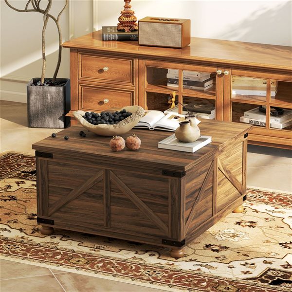 HOMCOM Square Lift Top Coffee Table with Hidden Compartment - Brown Wood Grain