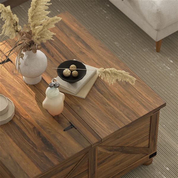 HOMCOM Square Lift Top Coffee Table with Hidden Compartment - Brown Wood Grain