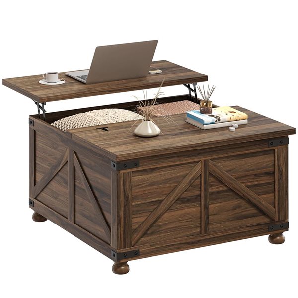 HOMCOM Square Lift Top Coffee Table with Hidden Compartment - Brown Wood Grain
