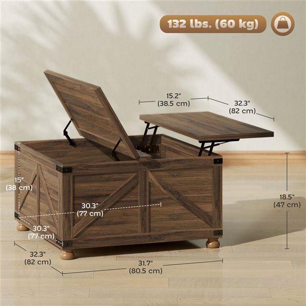 HOMCOM Square Lift Top Coffee Table with Hidden Compartment - Brown Wood Grain