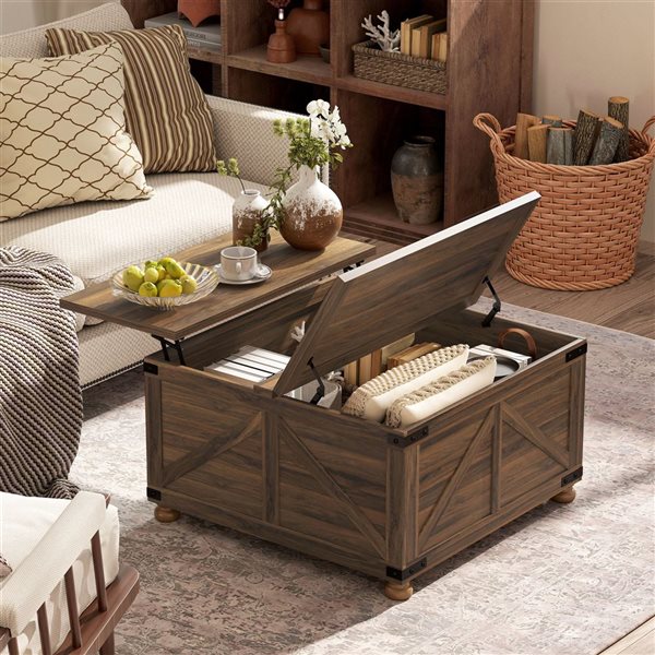 HOMCOM Square Lift Top Coffee Table with Hidden Compartment - Brown Wood Grain