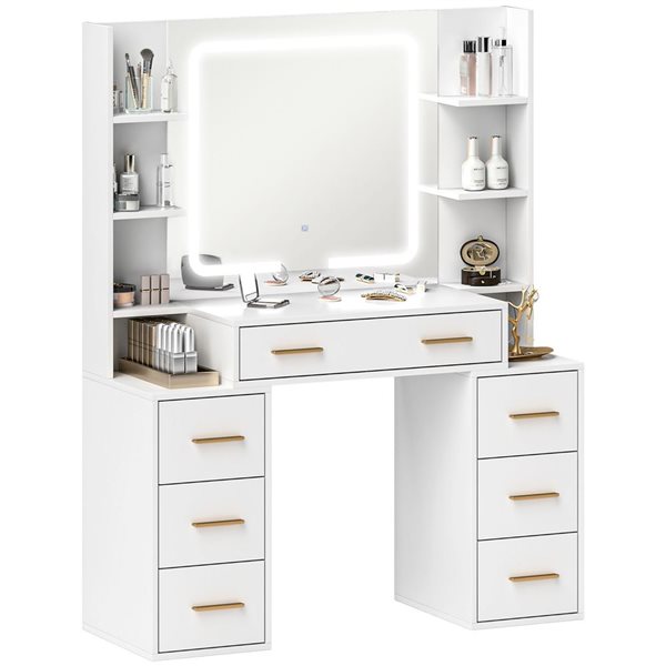 HOMCOM 43.3-in W Mirrored Powder Table with Tricolour LED Lights and ...