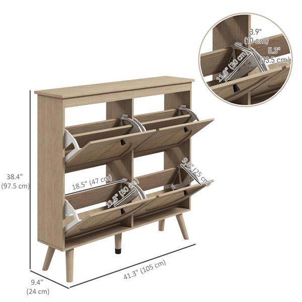 HOMCOM Narrow Shoe Storage Cabinet with 4 Flip Drawers - Oak