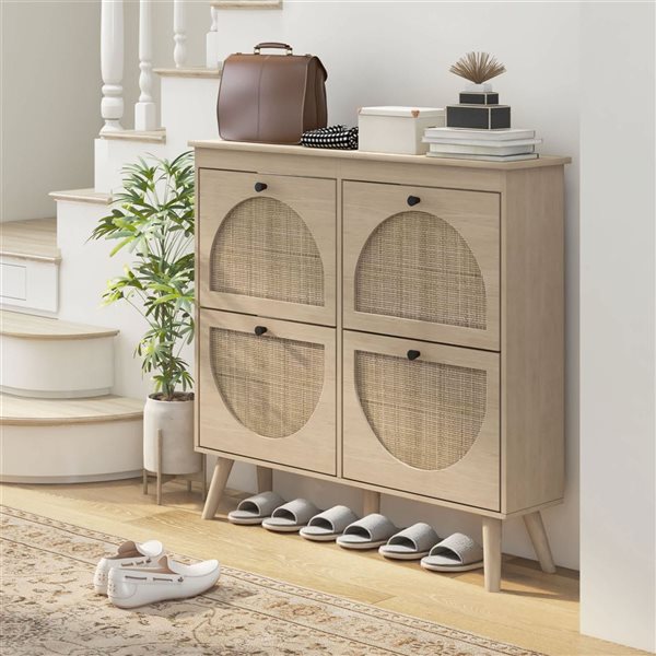 HOMCOM Narrow Shoe Storage Cabinet with 4 Flip Drawers - Oak