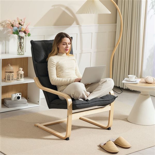 HOMCOM Modern Linen Armchair with Curved Birch Legs - Dark Grey