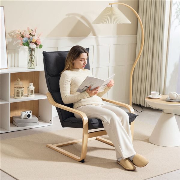 HOMCOM Modern Linen Armchair with Curved Birch Legs - Dark Grey