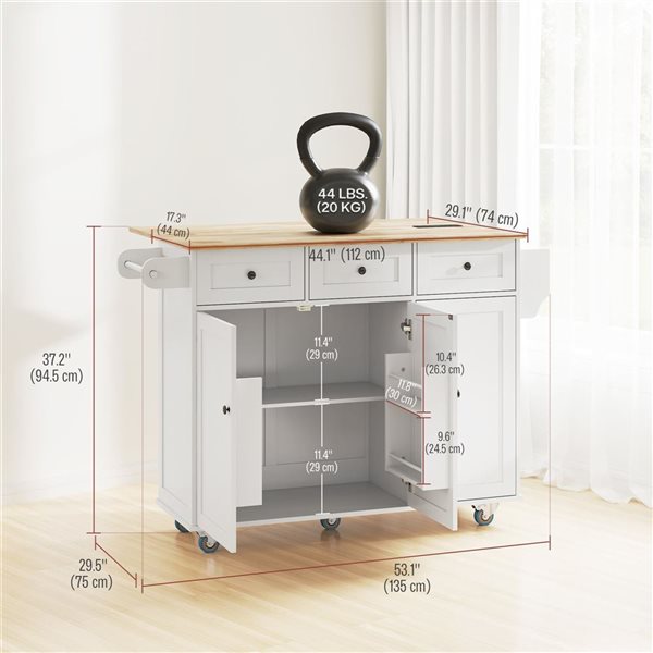 HOMCOM 53.1 x 29.5-in Mobile Kitchen Island Cart with Power Outlet and Drop Leaf - White