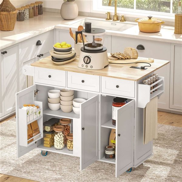 HOMCOM 53.1 x 29.5-in Mobile Kitchen Island Cart with Power Outlet and Drop Leaf - White