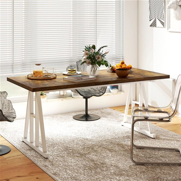 HOMCOM 70-in Farmhouse Rectangle Trestle MDF Top Dining Table for 8 with Steel Frame - Brown/White