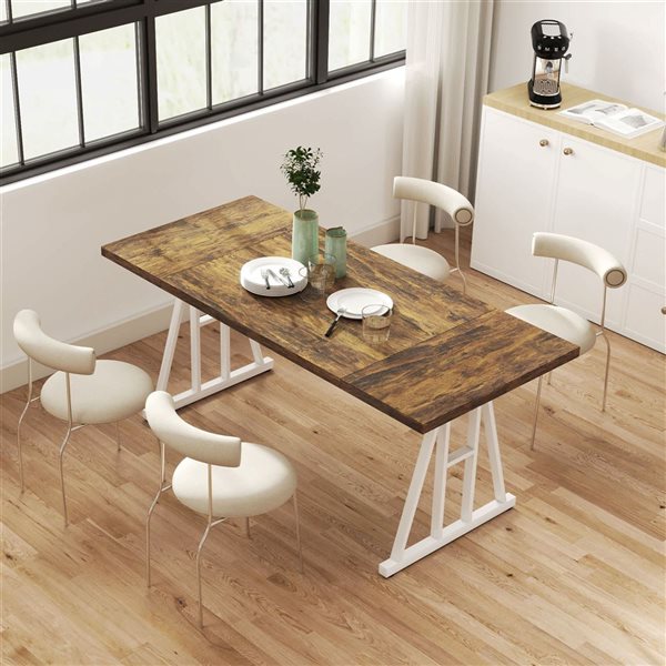 HOMCOM 70-in Farmhouse Rectangle Trestle MDF Top Dining Table for 8 with Steel Frame - Brown/White