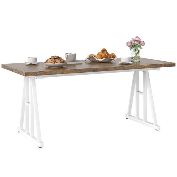 HOMCOM 70-in Farmhouse Rectangle Trestle MDF Top Dining Table for 8 with Steel Frame - Brown/White