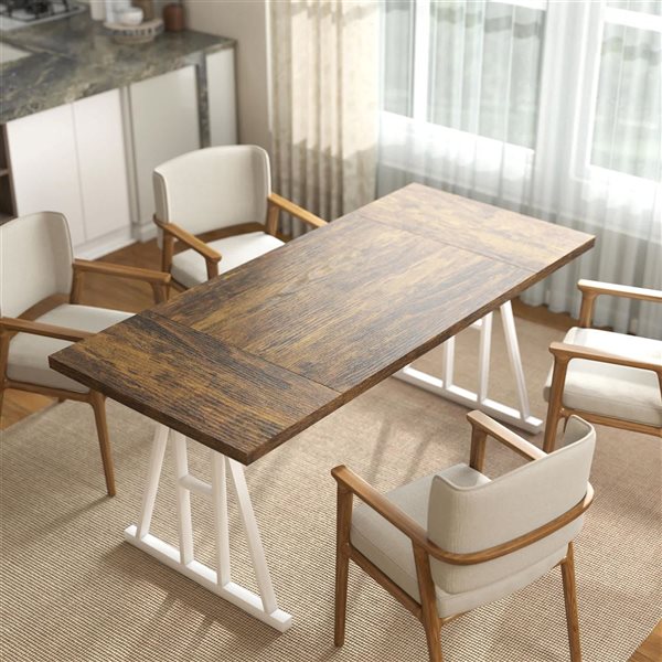HOMCOM 70-in Farmhouse Rectangle Trestle MDF Top Dining Table for 8 with Steel Frame - Brown/White