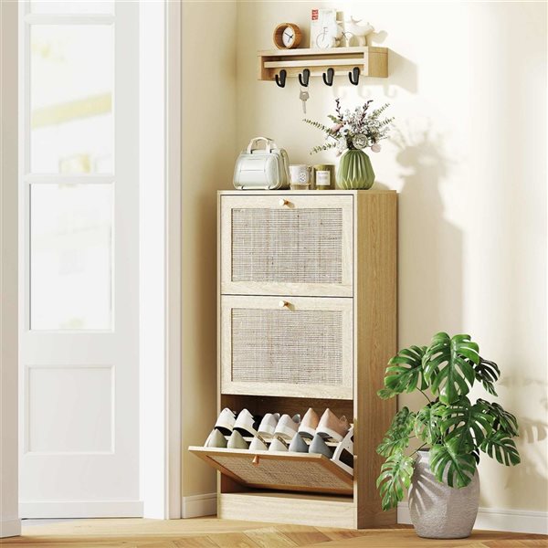 HOMCOM Rattan Shoe Storage Cabinet with 3 Flip Drawers - Oak