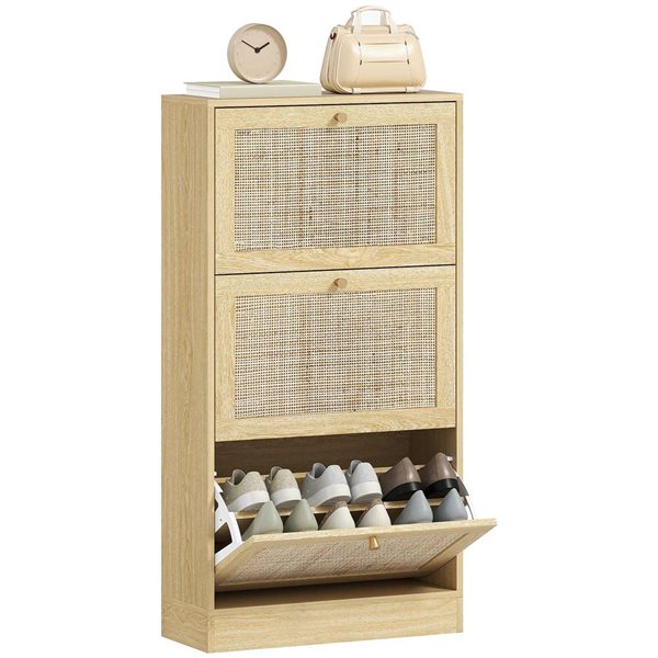 HOMCOM Rattan Shoe Storage Cabinet with 3 Flip Drawers - Oak