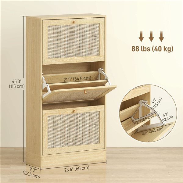 HOMCOM Rattan Shoe Storage Cabinet with 3 Flip Drawers - Oak