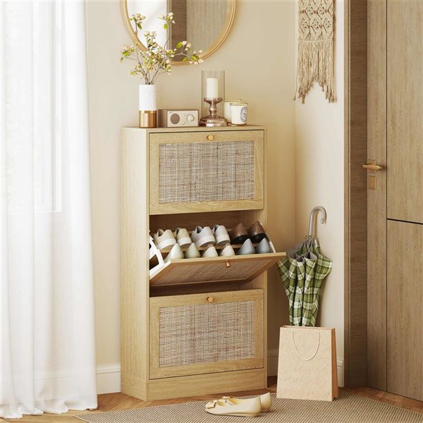 HOMCOM Rattan Shoe Storage Cabinet with 3 Flip Drawers - Oak