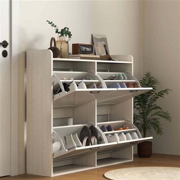 HOMCOM Slim Shoe Cabinet with 4 Flip Drawers - White/Oak