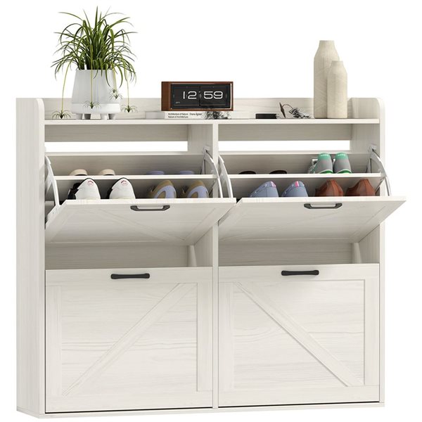 HOMCOM Slim Shoe Cabinet with 4 Flip Drawers - White/Oak