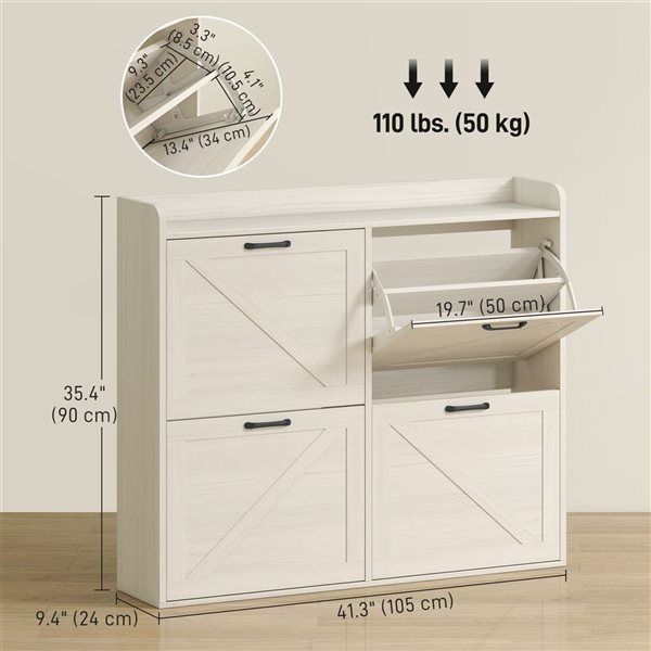 HOMCOM Slim Shoe Cabinet with 4 Flip Drawers - White/Oak