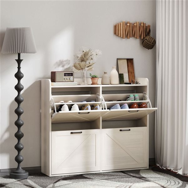 HOMCOM Slim Shoe Cabinet with 4 Flip Drawers - White/Oak