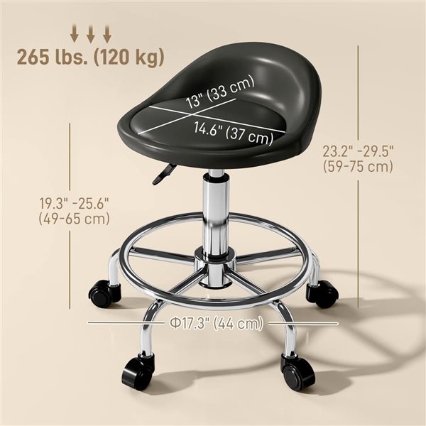 HOMCOM Adjustable Rolling PU Salon Stool with Footrest - Black