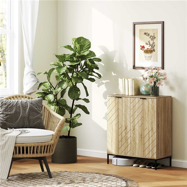 HOMCOM Shoe Storage Cabinet for 15 Pairs with Doors and Adjustable Shelves - Oak/Black