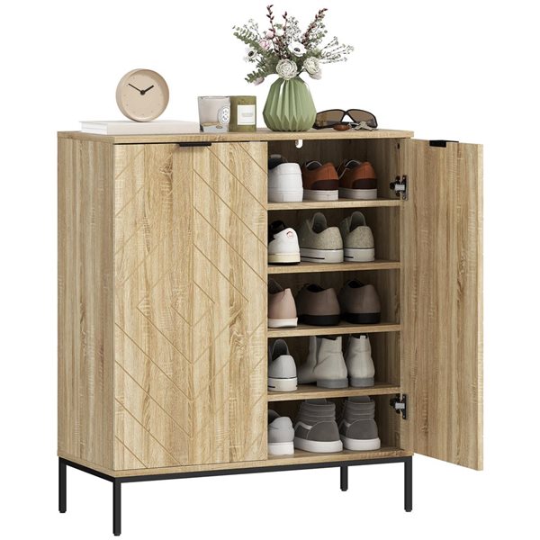 HOMCOM Shoe Storage Cabinet for 15 Pairs with Doors and Adjustable Shelves - Oak/Black