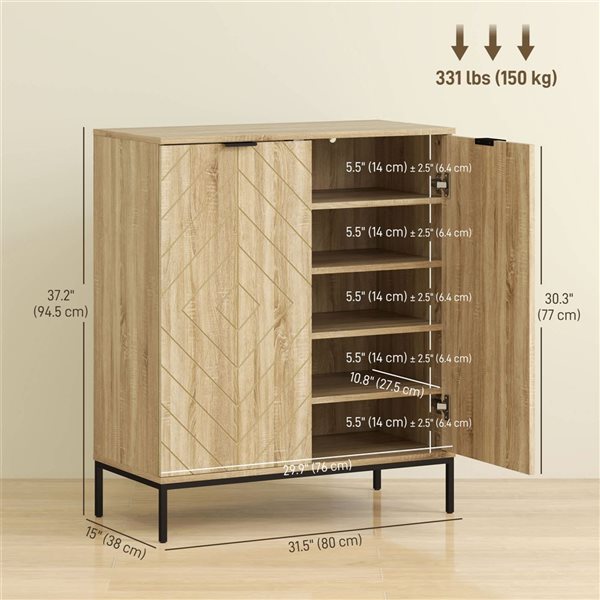 HOMCOM Shoe Storage Cabinet for 15 Pairs with Doors and Adjustable Shelves - Oak/Black