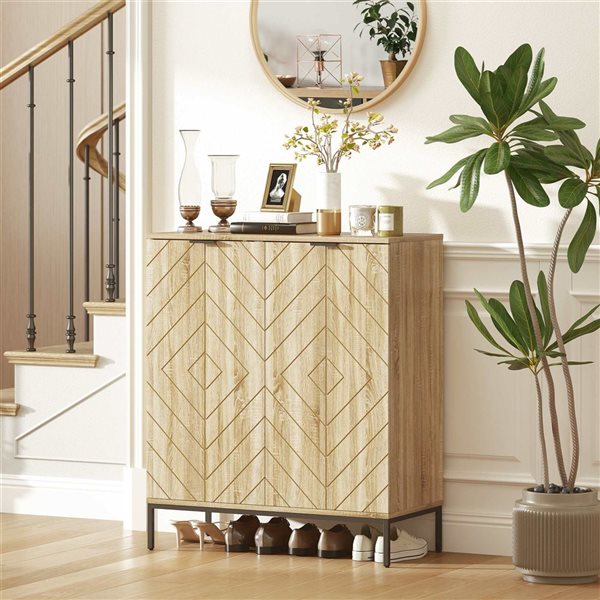 HOMCOM Shoe Storage Cabinet for 15 Pairs with Doors and Adjustable Shelves - Oak/Black