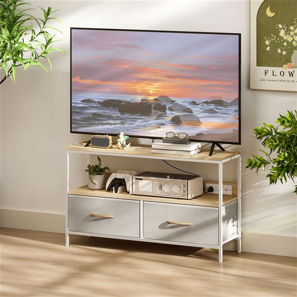 HOMCOM Metal TV Table Stand with Charging Station and Storage - Oak