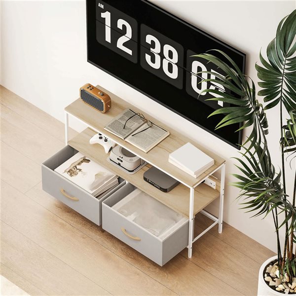 HOMCOM Metal TV Table Stand with Charging Station and Storage - Oak