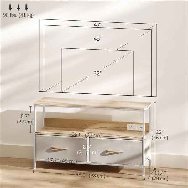 HOMCOM Metal TV Table Stand with Charging Station and Storage - Oak