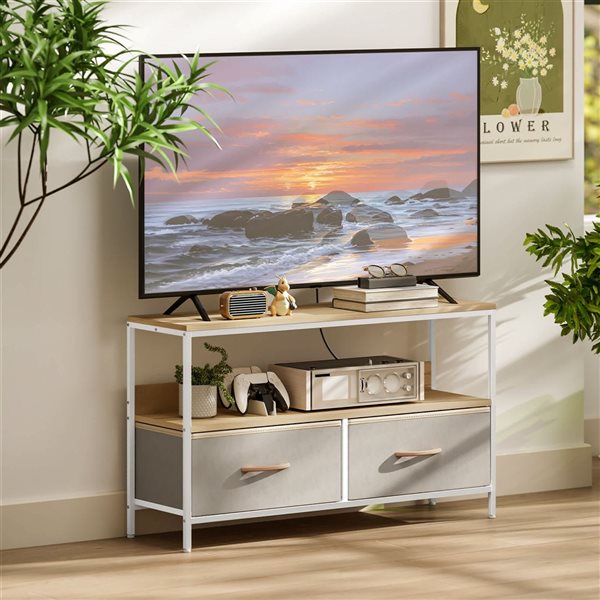 HOMCOM Metal TV Table Stand with Charging Station and Storage - Oak