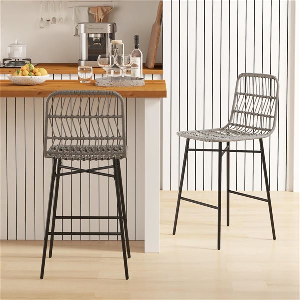 HOMCOM Black Steel Counter Height Modern Bar Stool Duet with Back - Grey Square Rattan Seat
