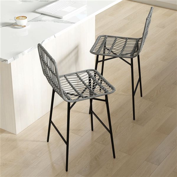 HOMCOM Black Steel Counter Height Modern Bar Stool Duet with Back - Grey Square Rattan Seat