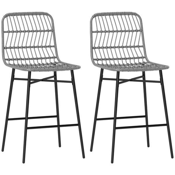 HOMCOM Black Steel Counter Height Modern Bar Stool Duet with Back - Grey Square Rattan Seat