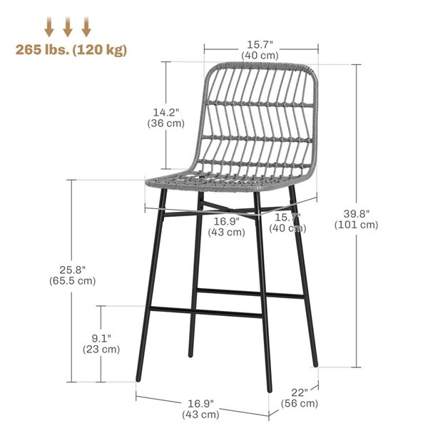 HOMCOM Black Steel Counter Height Modern Bar Stool Duet with Back - Grey Square Rattan Seat