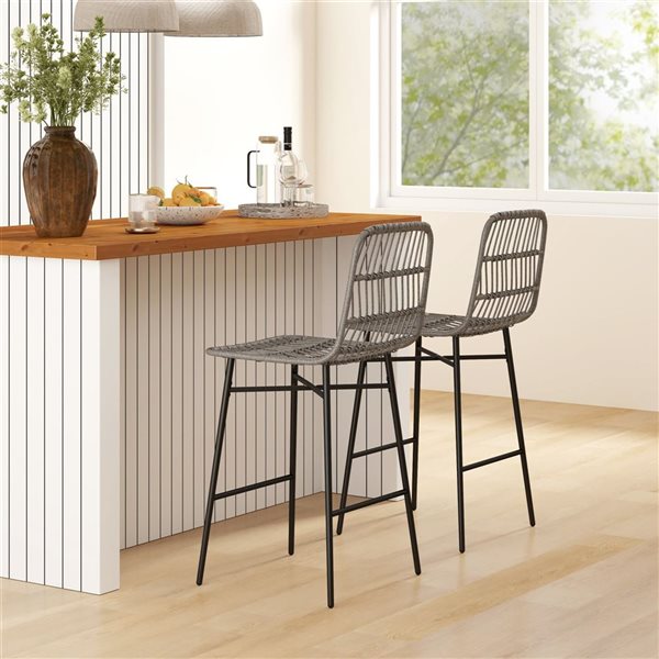 HOMCOM Black Steel Counter Height Modern Bar Stool Duet with Back - Grey Square Rattan Seat