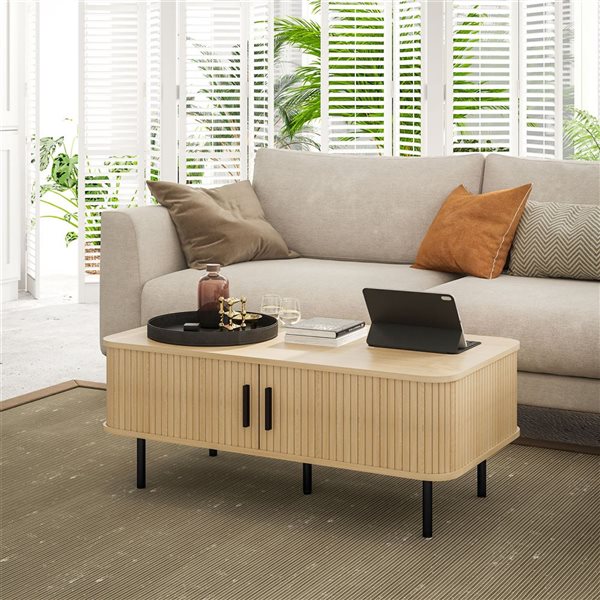 HOMCOM Nordic Style Rectangle Coffee Table with Storage with Sliding Doors - Light Brown Oak