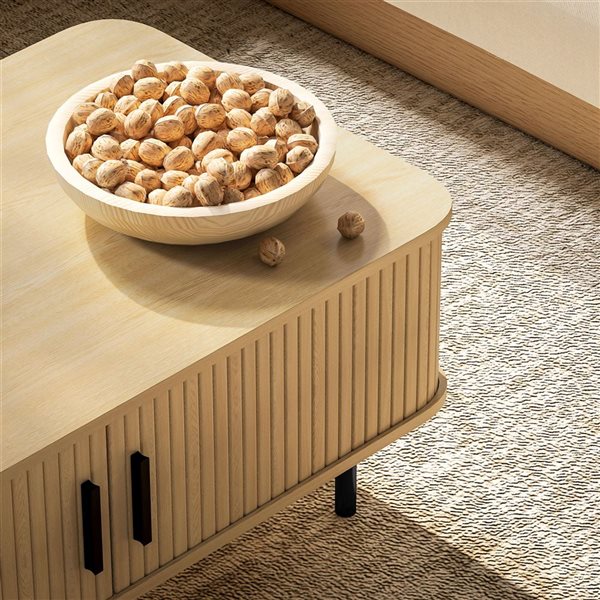 HOMCOM Nordic Style Rectangle Coffee Table with Storage with Sliding Doors - Light Brown Oak