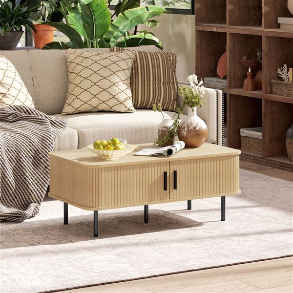 HOMCOM Nordic Style Rectangle Coffee Table with Storage with Sliding Doors - Light Brown Oak