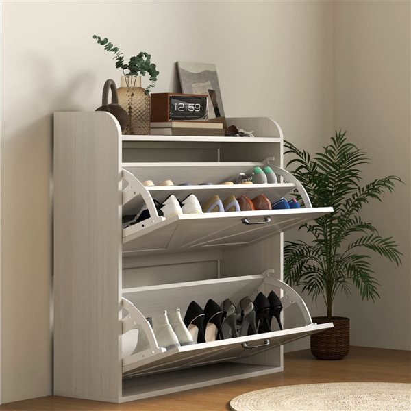 HOMCOM Narrow Shoe Cabinet with 2 Flip Drawers - White/Oak