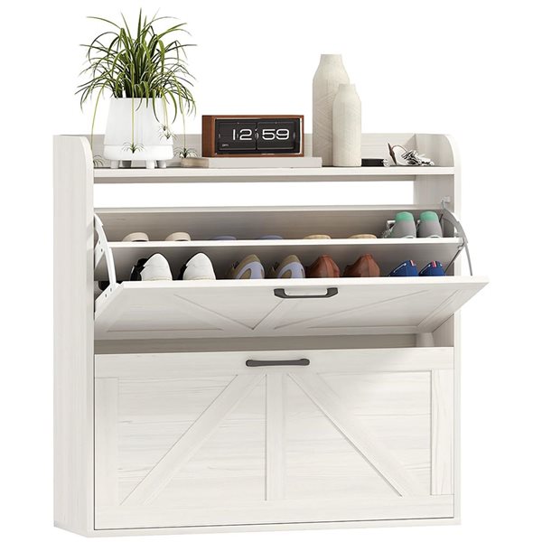 HOMCOM Narrow Shoe Cabinet with 2 Flip Drawers - White/Oak